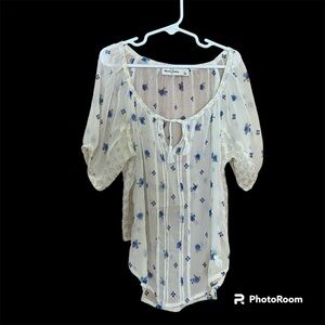 Abercrombie Kids Sheer Peasant Top - Cream w/ Blue Flowers - L Large